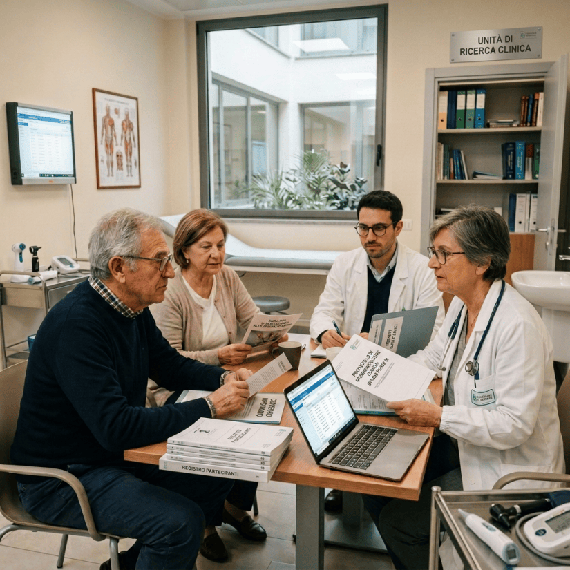 Two doctors discuss documents with a patient and woman at a hospital table